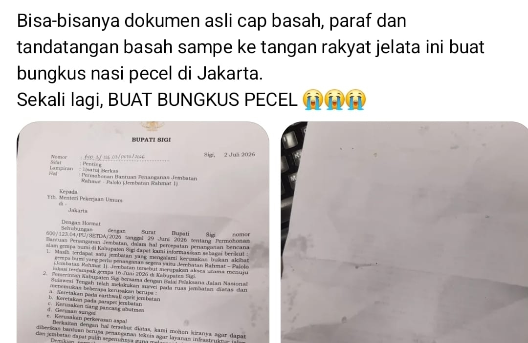 Viral di Jakarta! Surat Asli Bupati Sigi Berisi Permohonan Bantuan Jembatan Malah Jadi Bungkus Nasi Pecel, Ini Isi Lengkapnya
