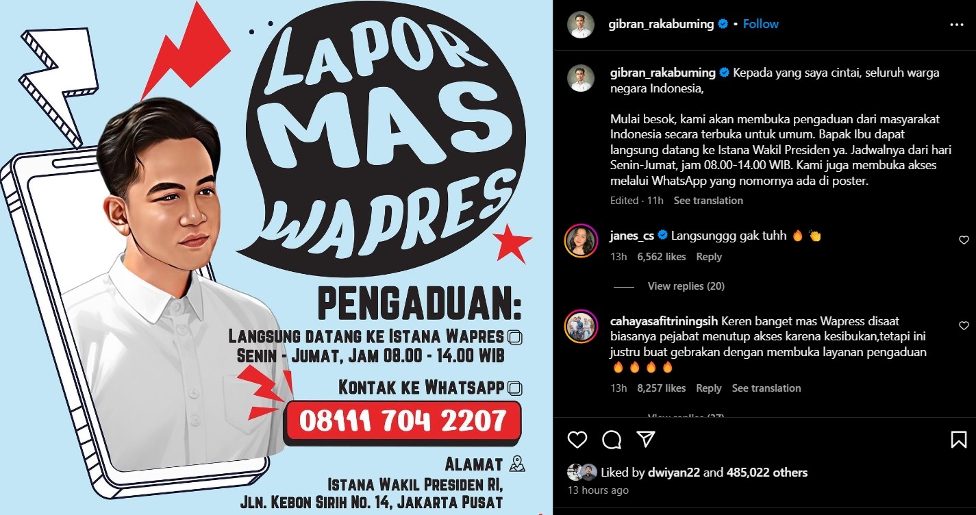Wapres RI Gibran Rakabuming Buka Kanal Pengaduan Masalah 'Lapor Mas Wapres' untuk Masyarakat