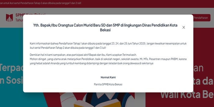 3 Jalur Pendaftaran SPMB Kota Bekasi, Wali Murid Calon Peserta Didik Diminta Waspada Hal Ini