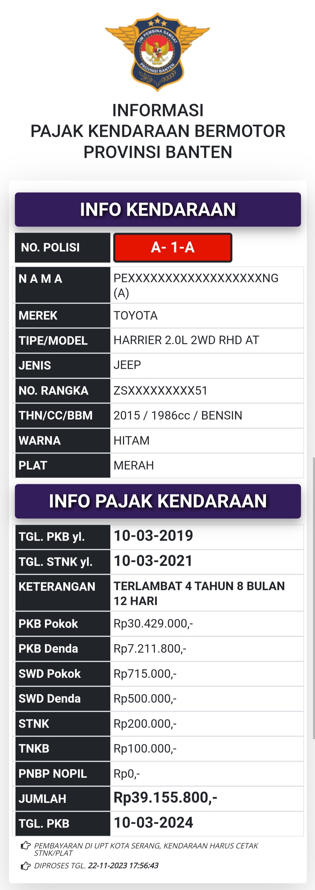 Mobil Dinas Kepala Daerah Kota Setang Telat Bayar Pajak
