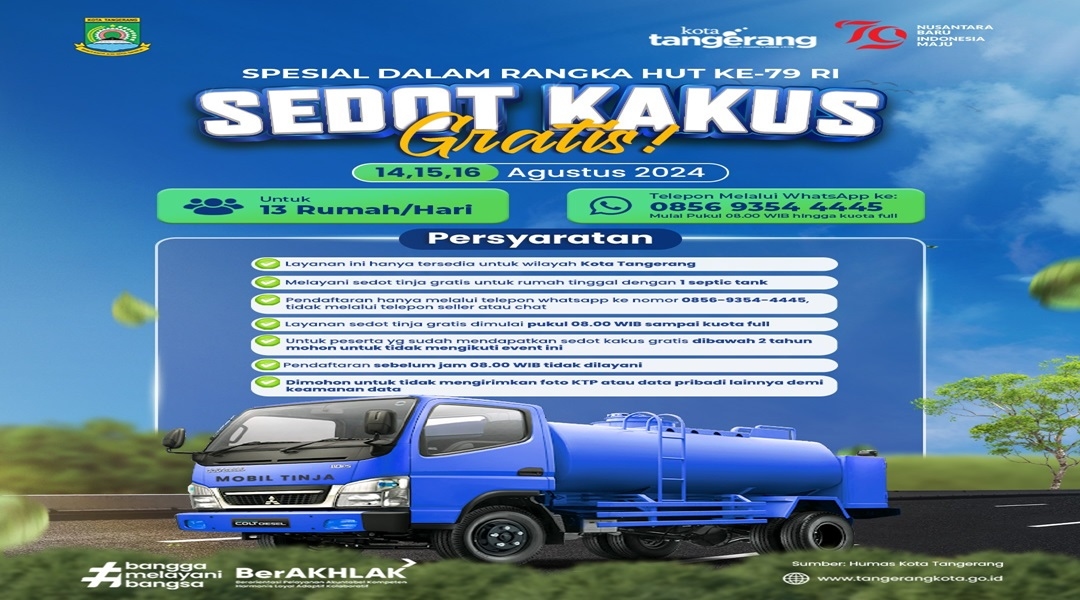 Pemkot Tangerang GElar Program Sedot Kakus Gratis Untuk Masyarakat, Pada 14,15 dan 16 Agustus 2024