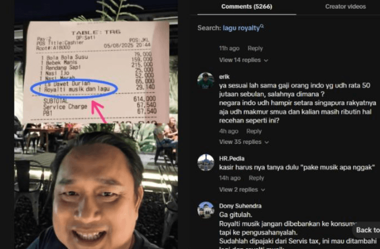 Viral! Diduga Struk Makan Pelanggan di Resto Diduga Kena Biaya Royalti Musik Rp29 Ribu